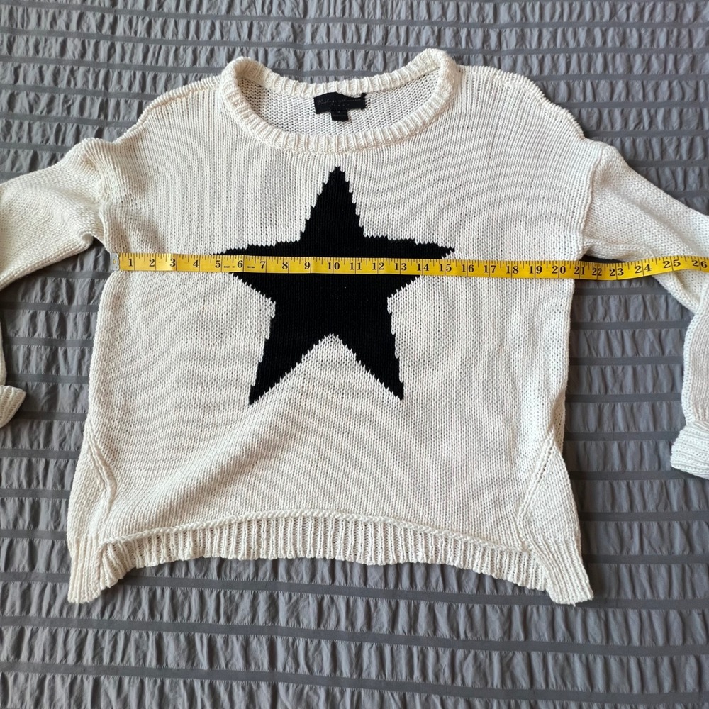 Vintage Havana Black Star Intarsia Knit Sweater White Crew Neck High Low Hem M - Picture 2 of 7